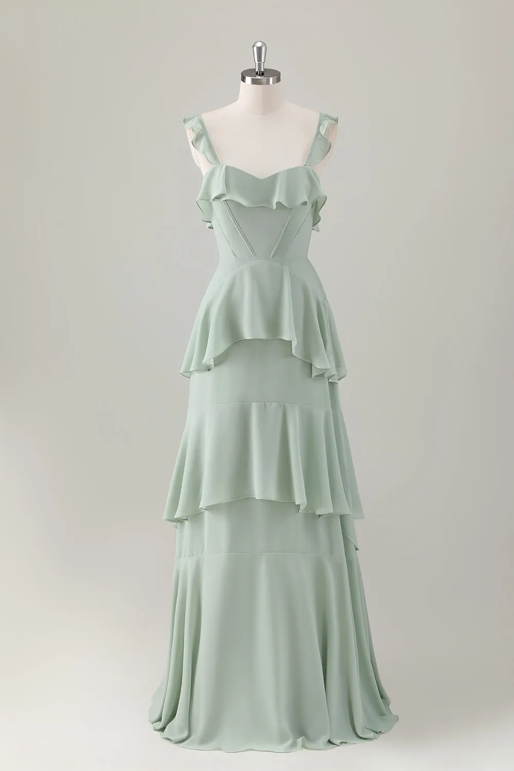 A Line Light Green Corset Tiered Ruffles Chiffon Maxi Dress