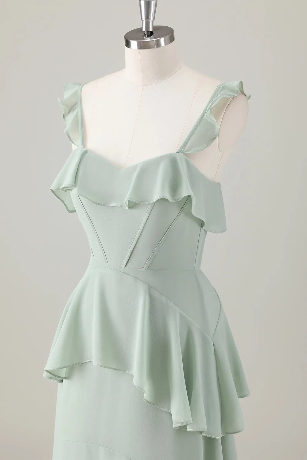 A Line Light Green Corset Tiered Ruffles Chiffon Maxi Dress