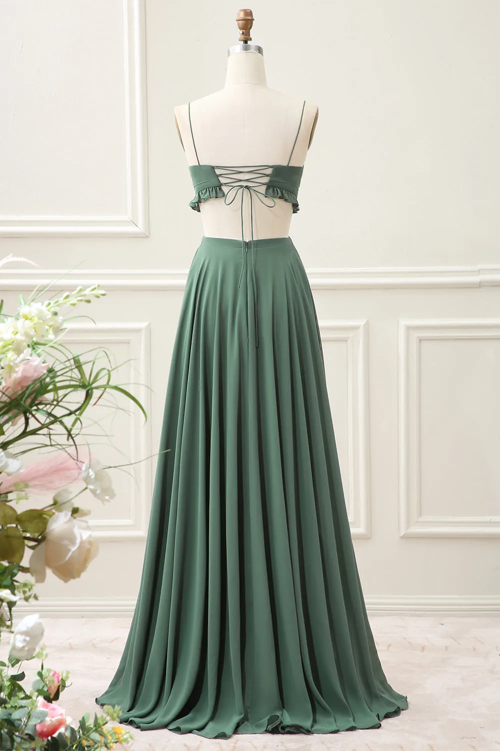 A Line Spaghetti Straps Ruffles Green Hollow-out Maxi Dress