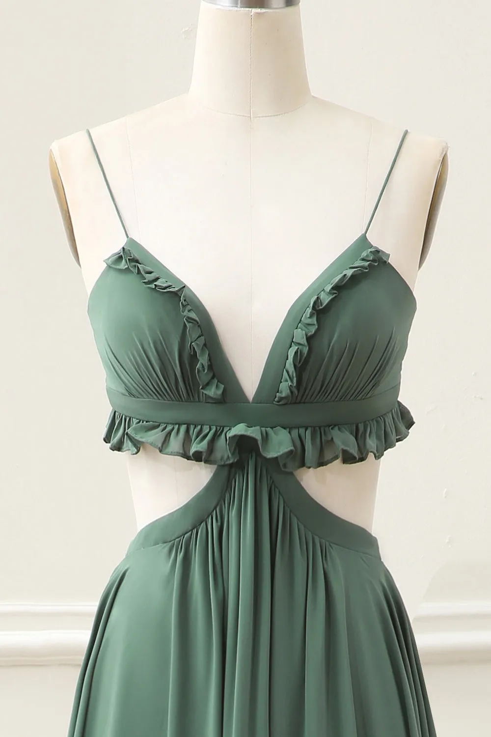 A Line Spaghetti Straps Ruffles Green Hollow-out Maxi Dress