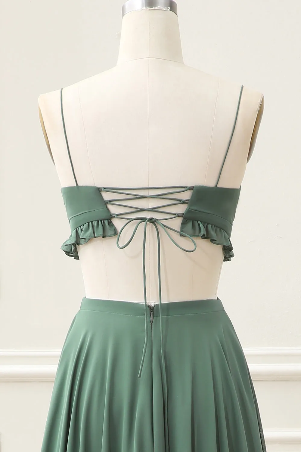 A Line Spaghetti Straps Ruffles Green Hollow-out Maxi Dress