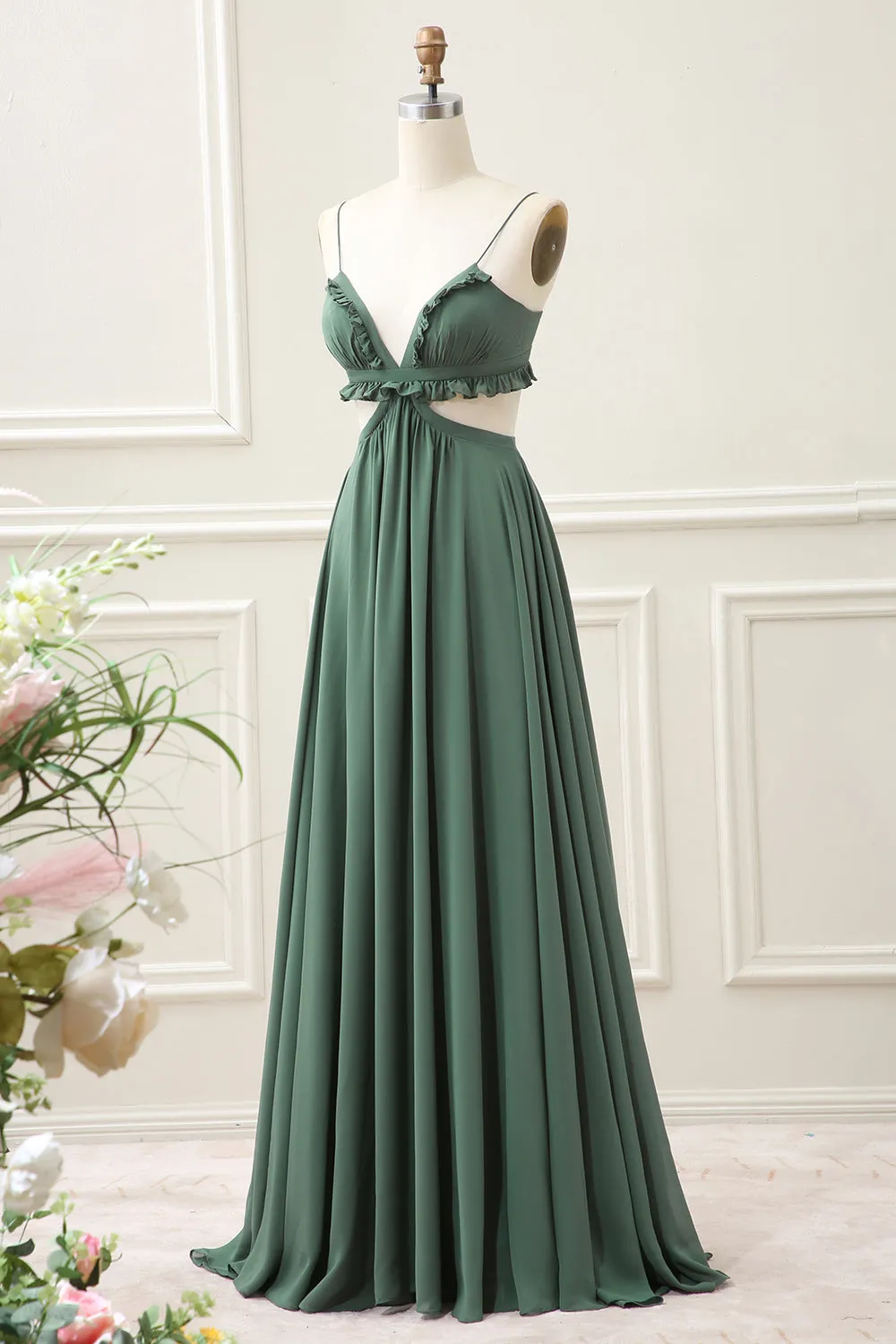 A Line Spaghetti Straps Ruffles Green Hollow-out Maxi Dress