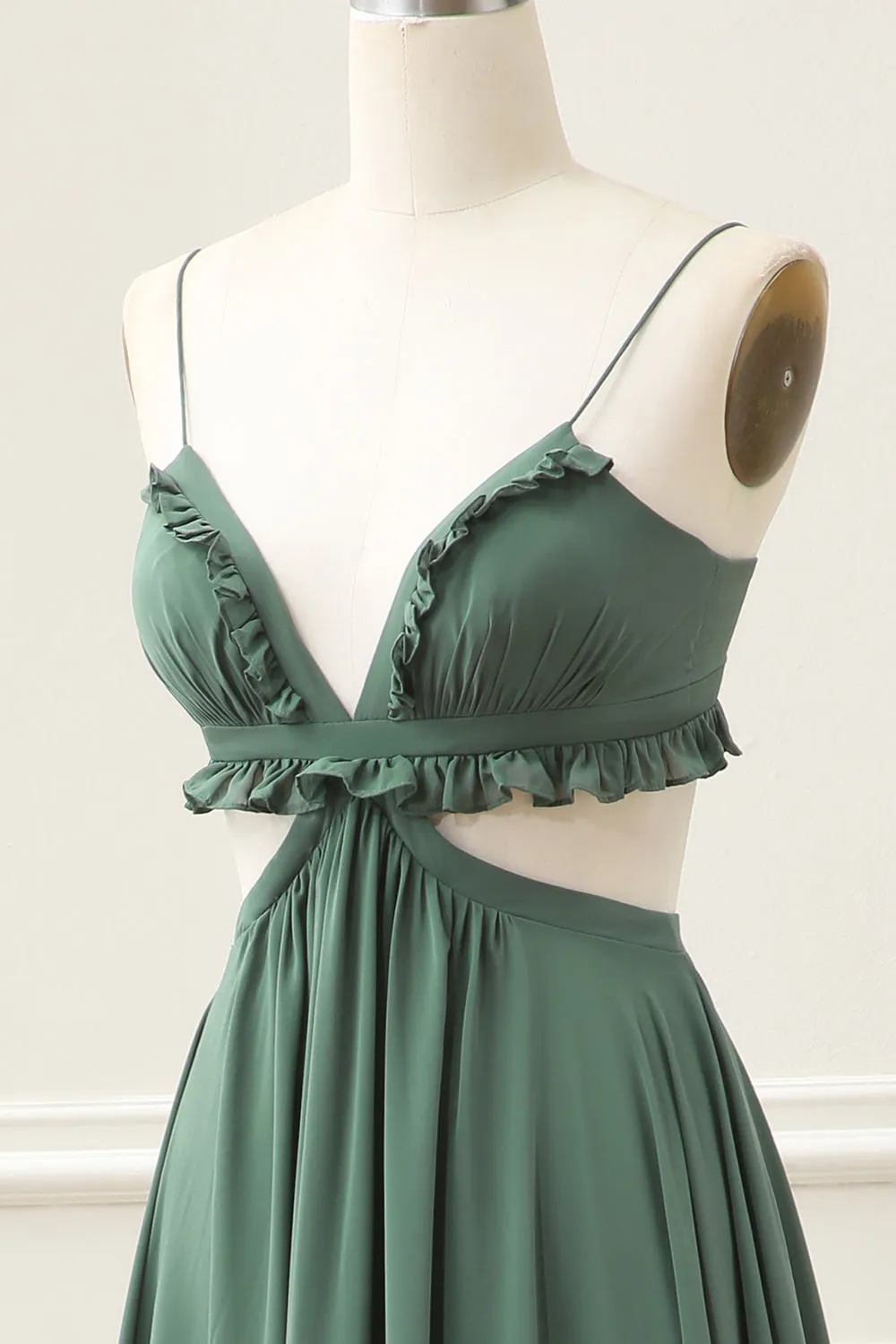 A Line Spaghetti Straps Ruffles Green Hollow-out Maxi Dress