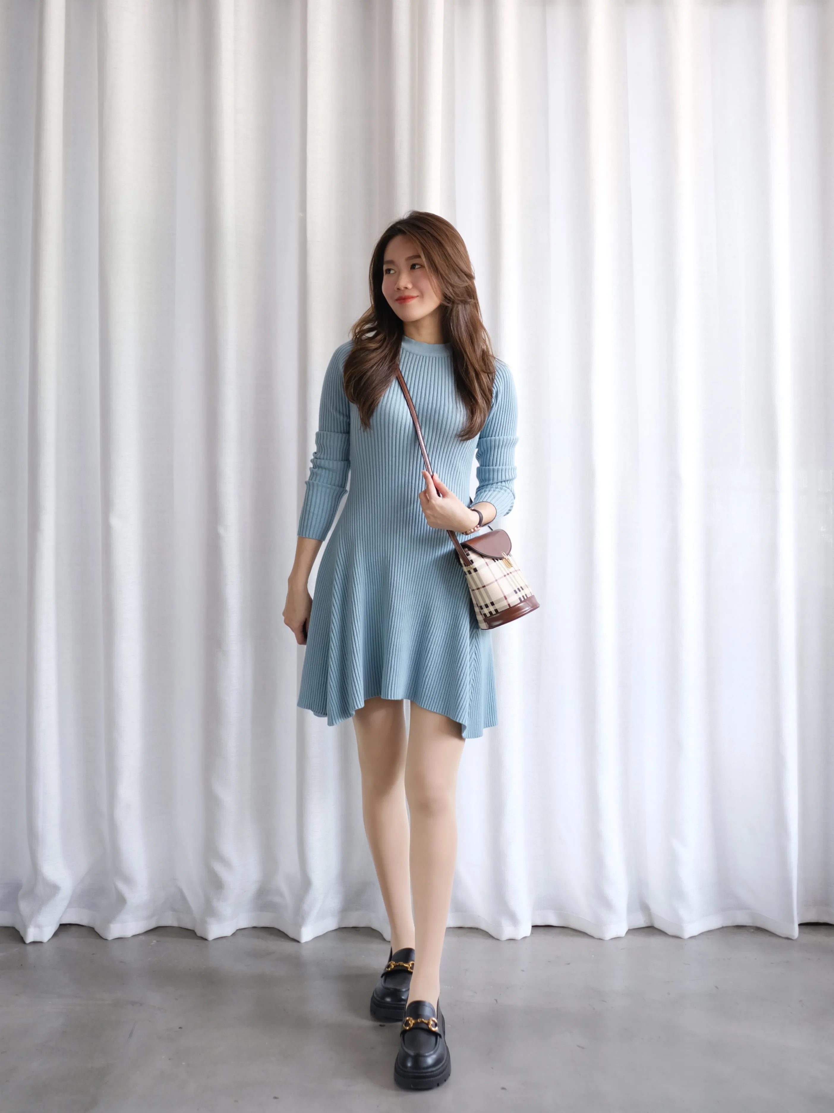 ACEWIN Long Sleeve Asymmetrical Knit Dress (Free Size) 703255