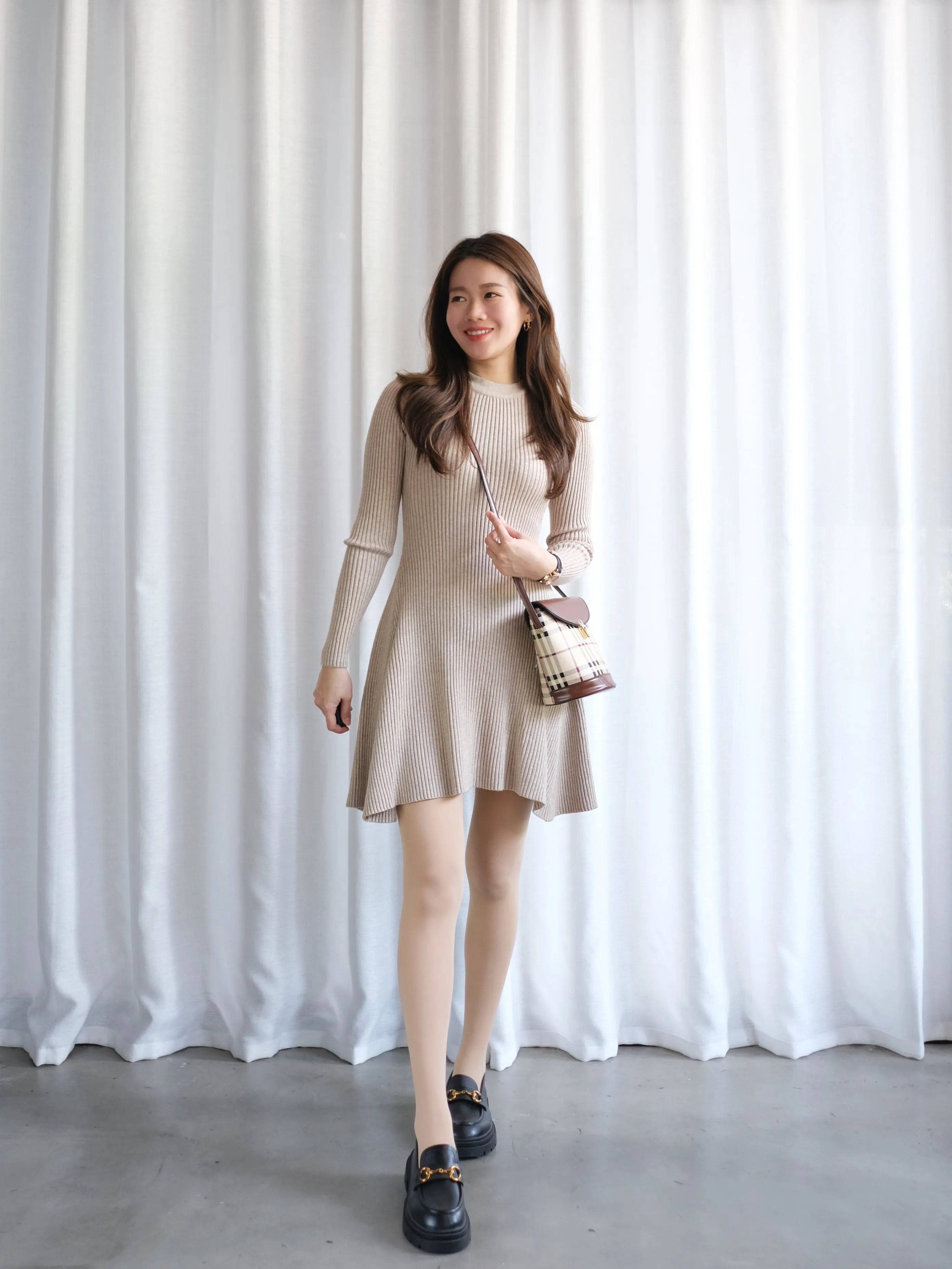 ACEWIN Long Sleeve Asymmetrical Knit Dress (Free Size) 703255