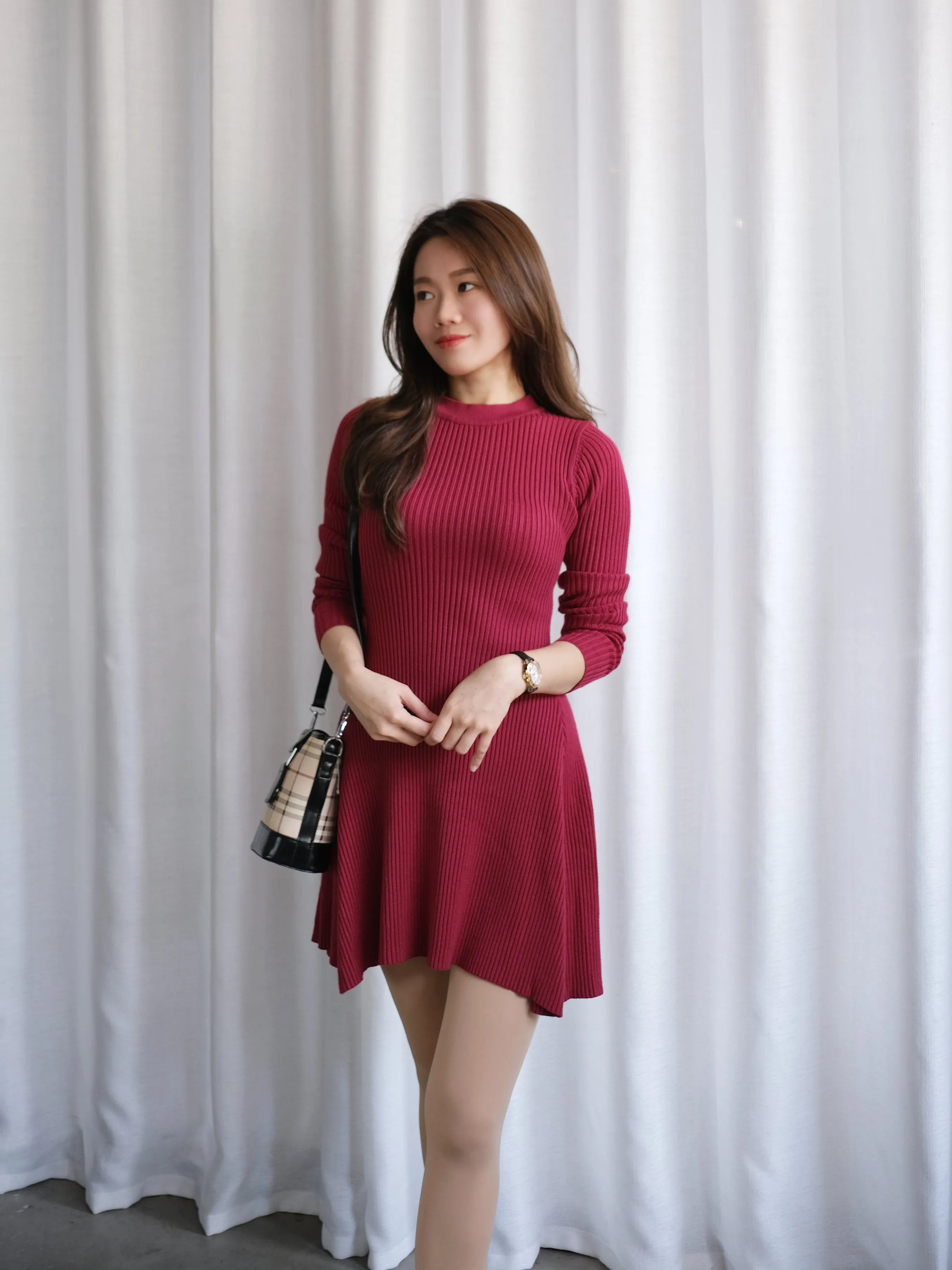 ACEWIN Long Sleeve Asymmetrical Knit Dress (Free Size) 703255