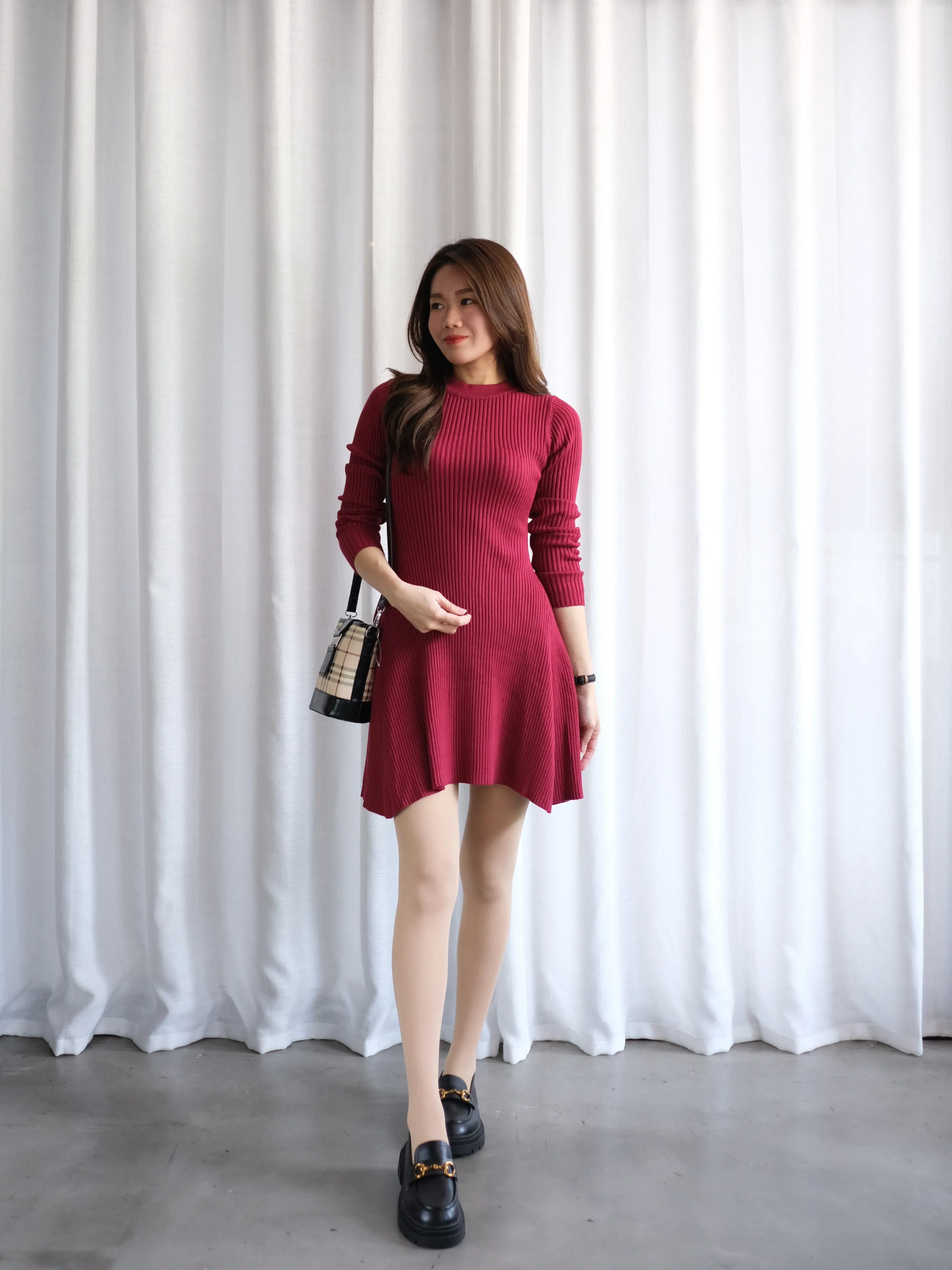 ACEWIN Long Sleeve Asymmetrical Knit Dress (Free Size) 703255