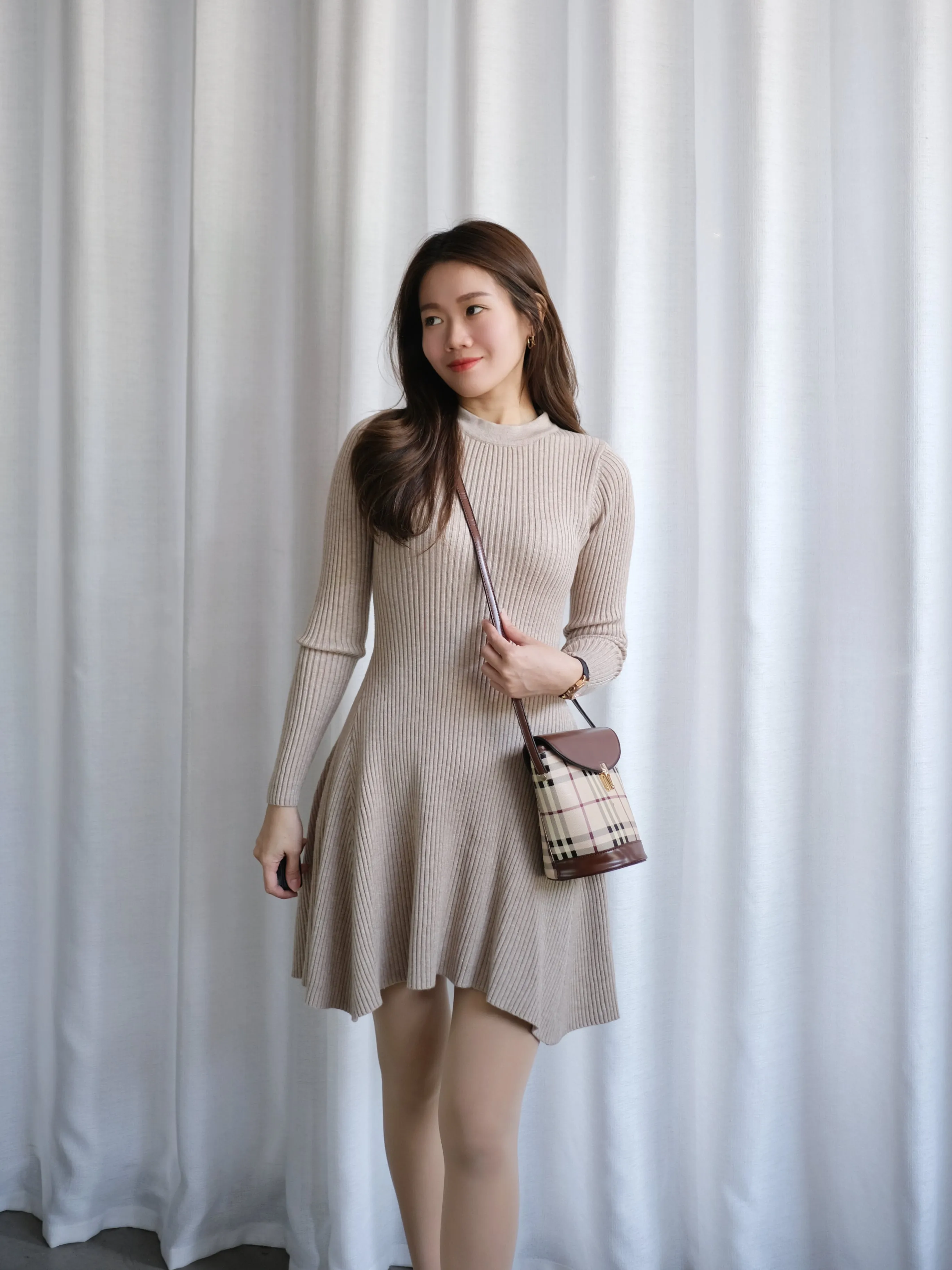 ACEWIN Long Sleeve Asymmetrical Knit Dress (Free Size) 703255