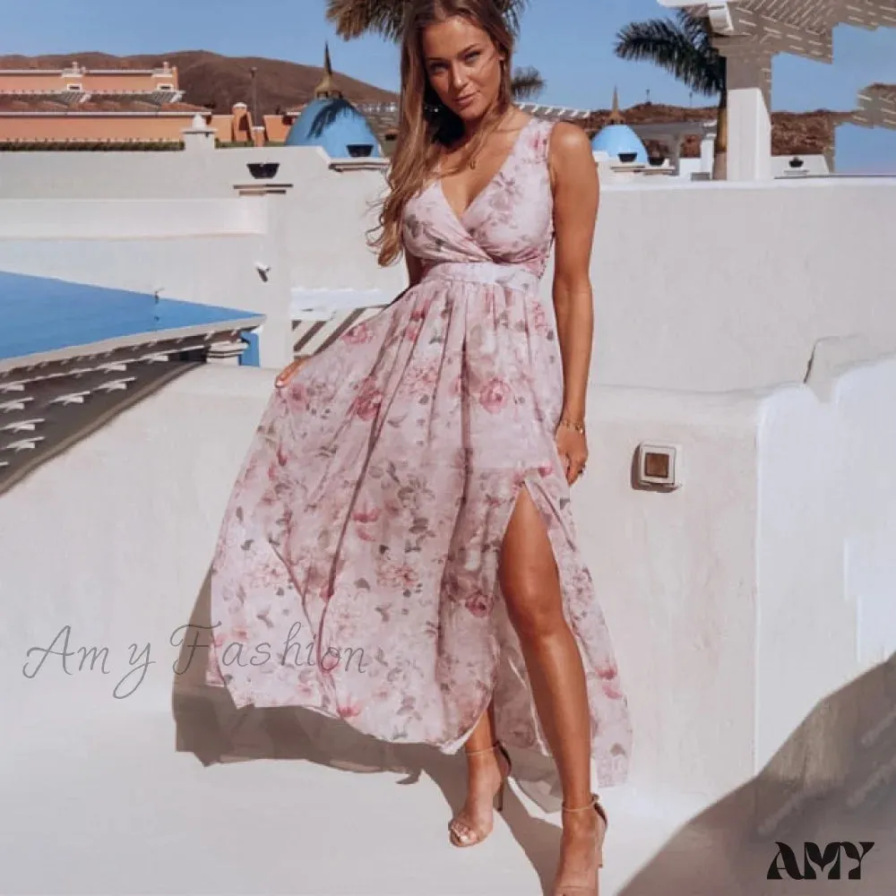 Amy Fashion - Flroal Print Split Beach Holiday Long Maxi Dresses