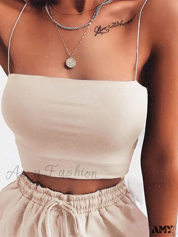 AMY FASHION - Sleeveless Spaghetti Strap Bodycon Sexy Basic Plain Camisole Crop Top