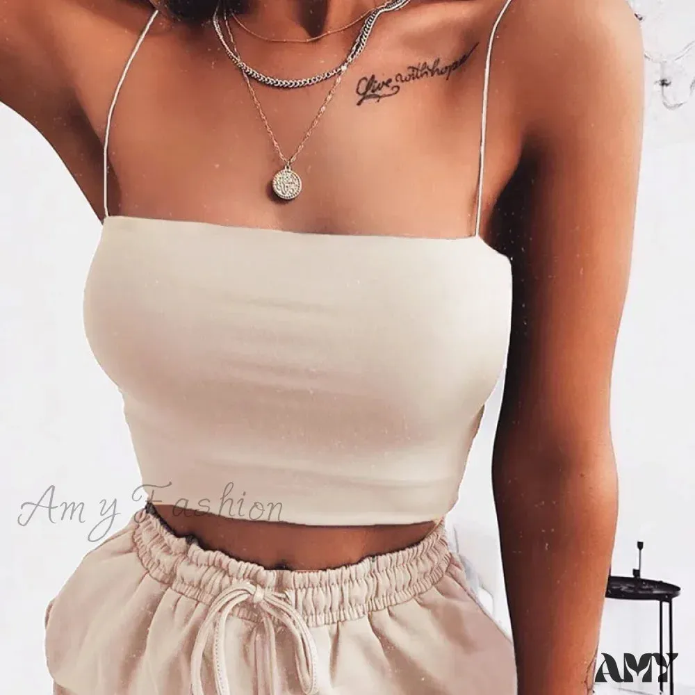 AMY FASHION - Sleeveless Spaghetti Strap Bodycon Sexy Basic Plain Camisole Crop Top