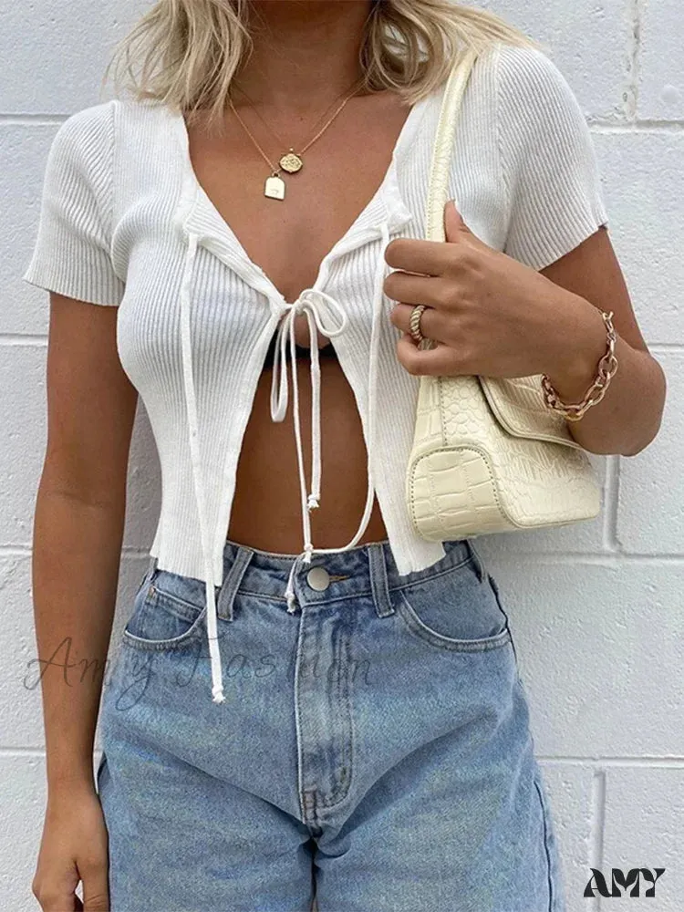 AMY - Sexy Cropped Lace up Hollow out Front Split Slim Streetwear Crop Top