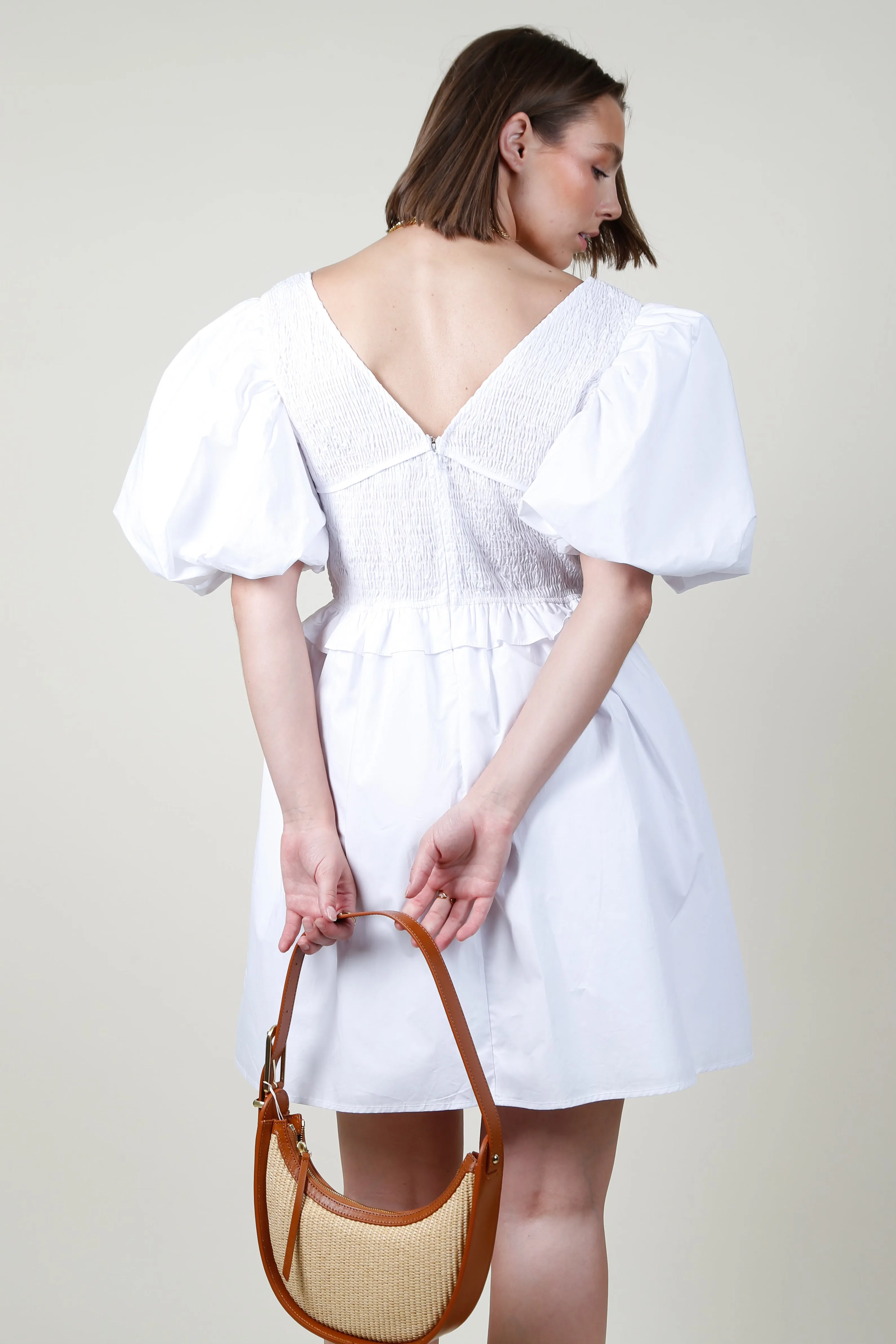 AUREUM | Smocked Puff Sleeve Mini Dress - White