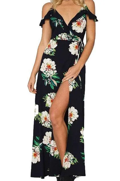 Bear Shoulder Spaghetti Straps V-neck Split Long Print Beach Dress