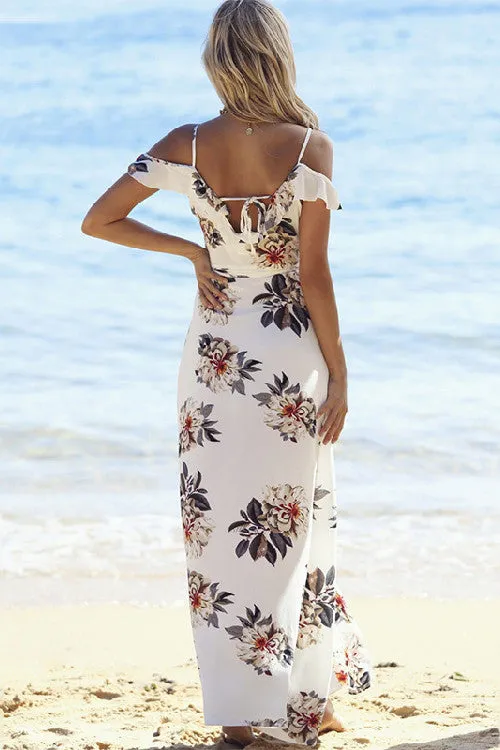 Bear Shoulder Spaghetti Straps V-neck Split Long Print Beach Dress