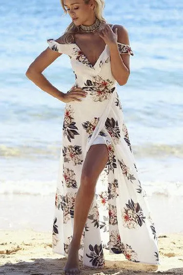 Bear Shoulder Spaghetti Straps V-neck Split Long Print Beach Dress