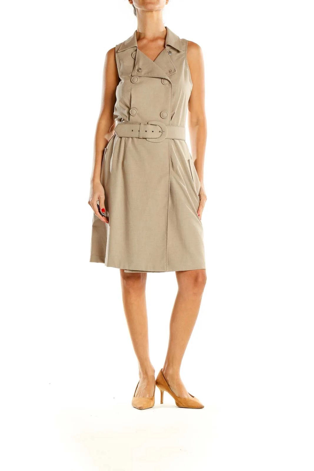 Beige Belted Work Fit & Flare Dress