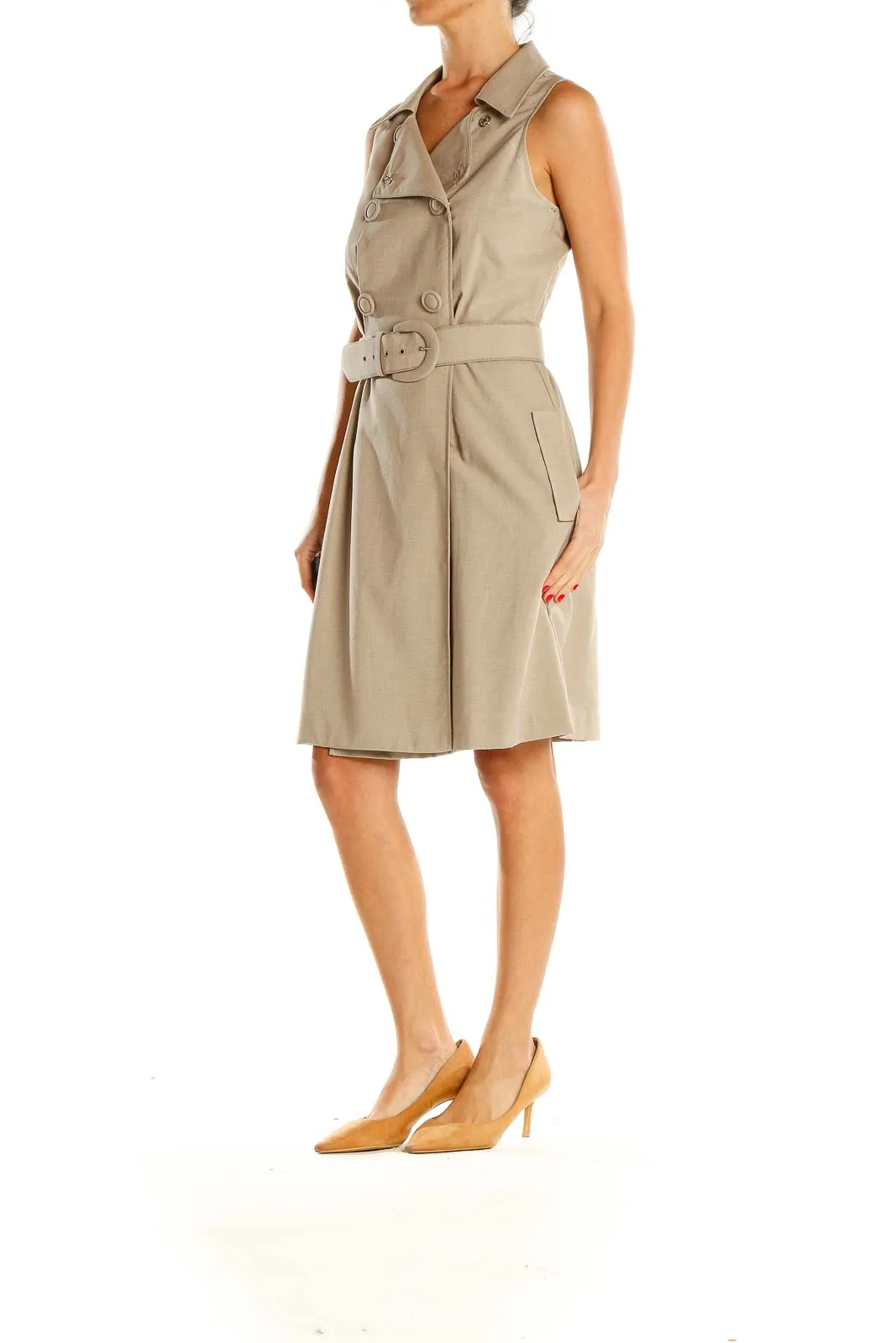 Beige Belted Work Fit & Flare Dress