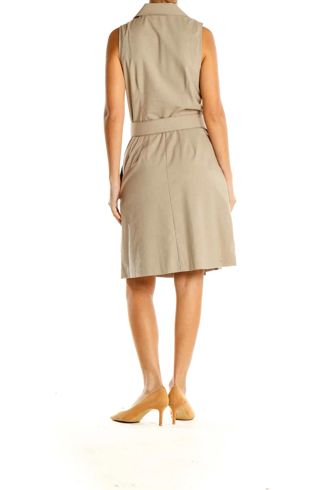 Beige Belted Work Fit & Flare Dress