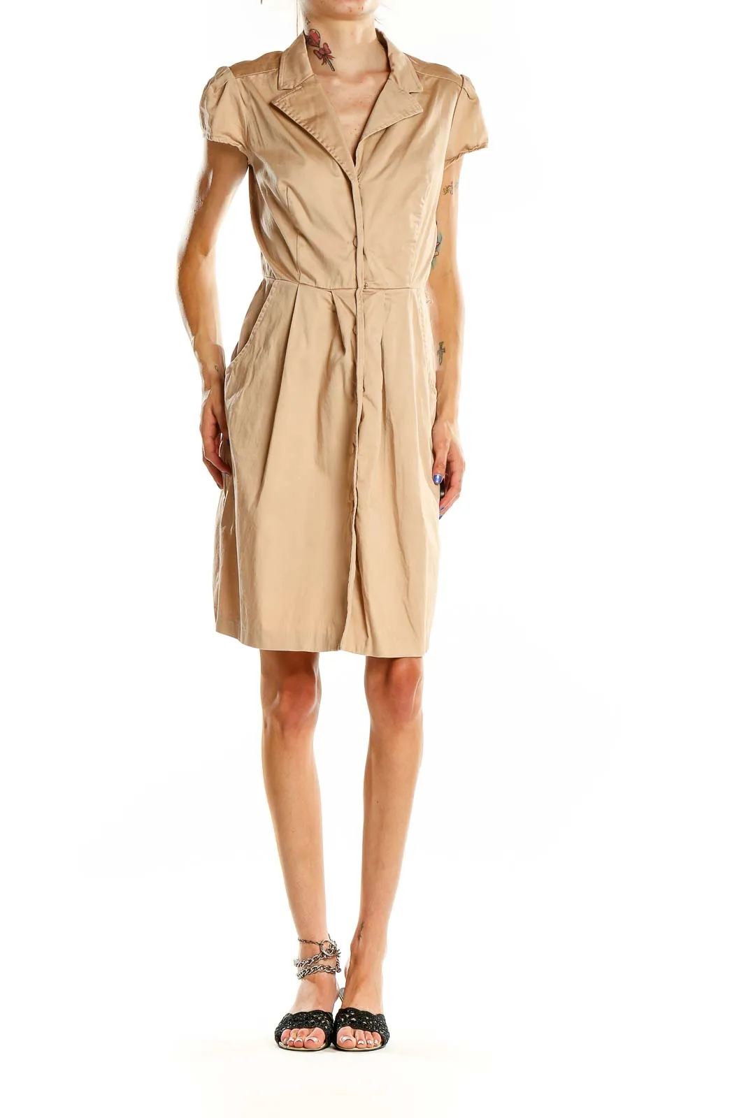 Beige Button-Front Shirt Dress