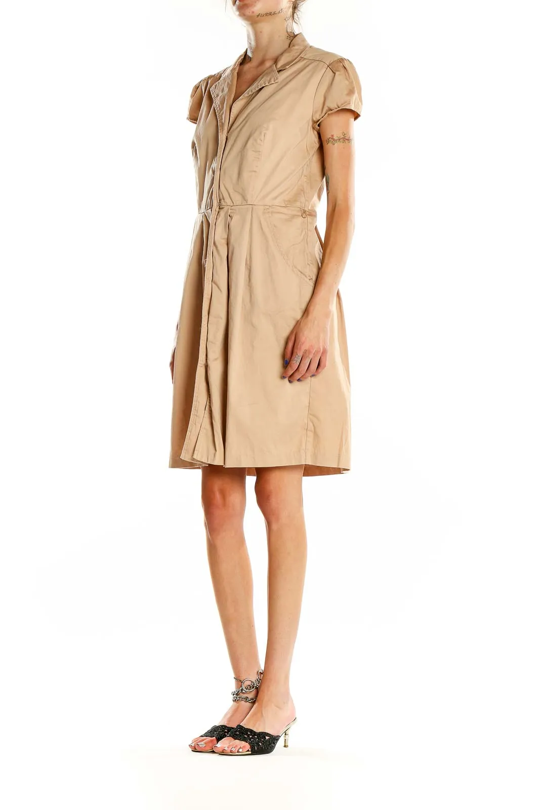 Beige Button-Front Shirt Dress