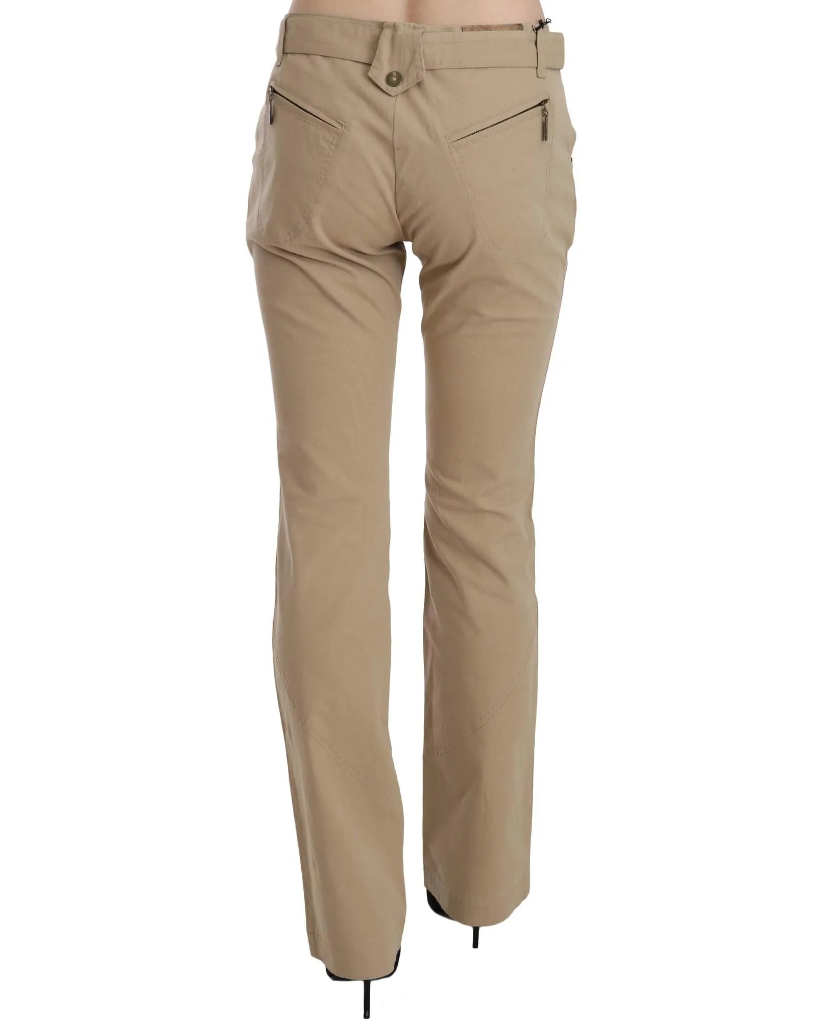 Beige Cotton Mid Waist Straight Trousers Pants