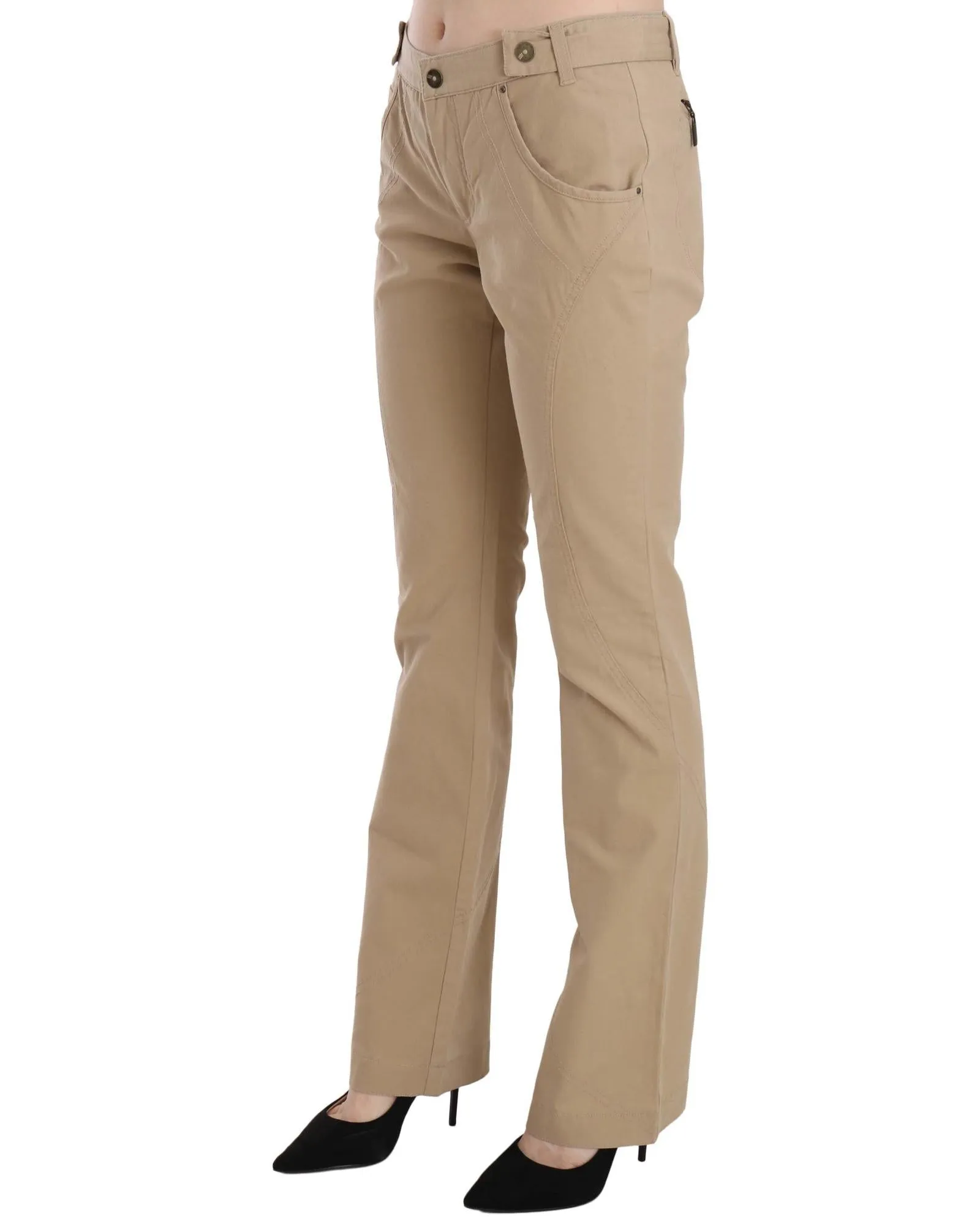 Beige Cotton Mid Waist Straight Trousers Pants