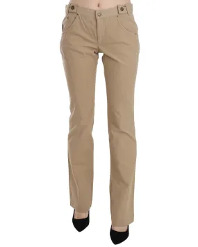 Beige Cotton Mid Waist Straight Trousers Pants