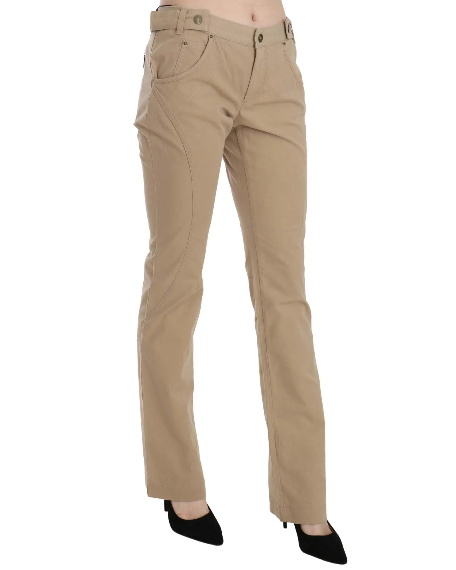 Beige Cotton Mid Waist Straight Trousers Pants