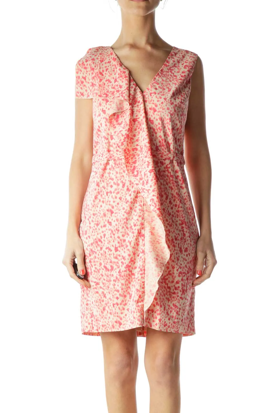 Beige Pink Ruffle & Print Work Dress