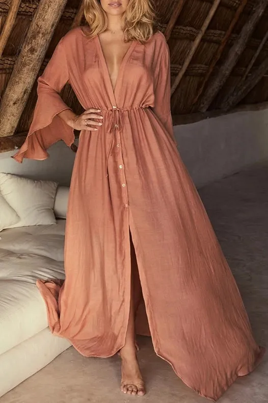 Bell Sleeves Plunge Slit Maxi Beach Cover Up Dress Rust