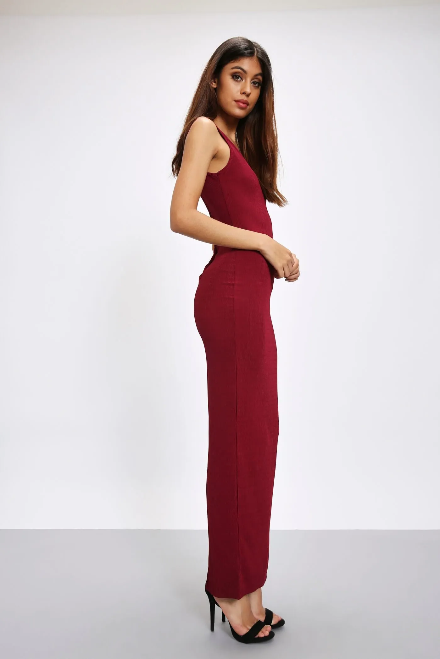 Berry Shiny Ribbed Scoop Back Maxi