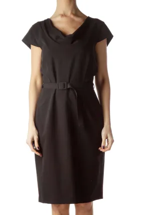 Black Cap Sleeves Belted Work Dress