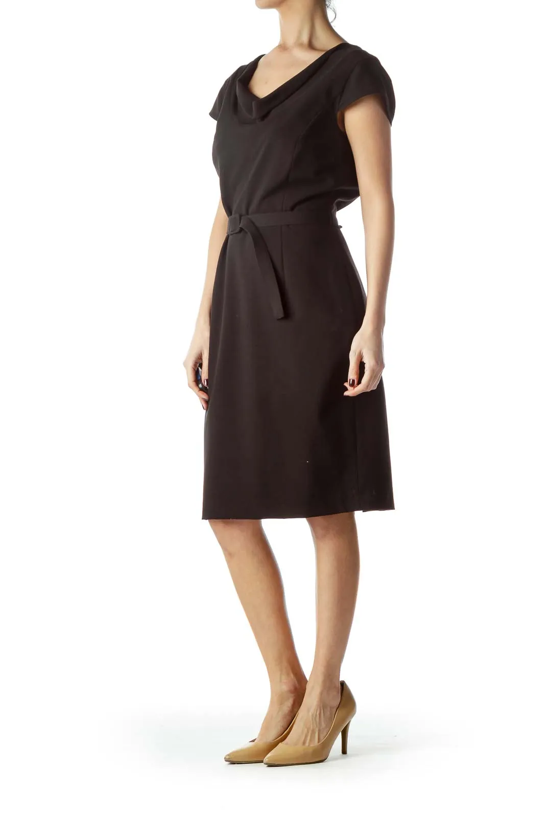 Black Cap Sleeves Belted Work Dress