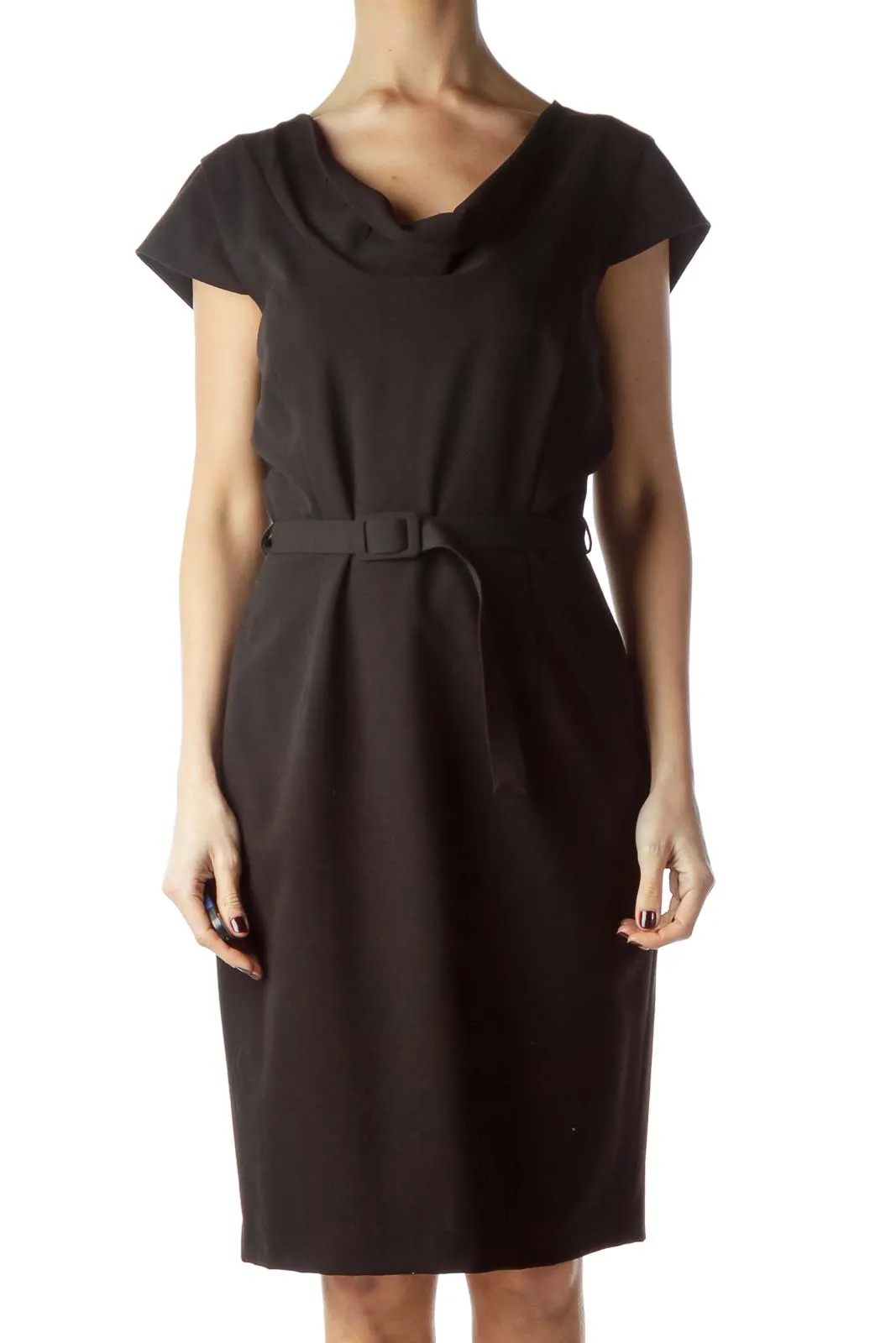 Black Cap Sleeves Belted Work Dress