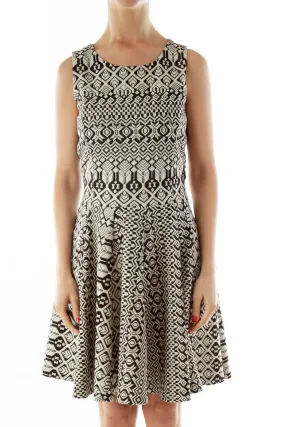 Black Cream Embroidered A-Line Work Dress