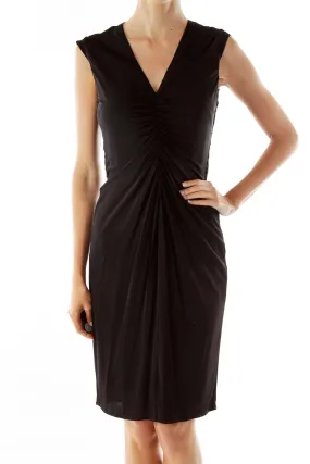 Black Gold V-neck Zippered Work Dress