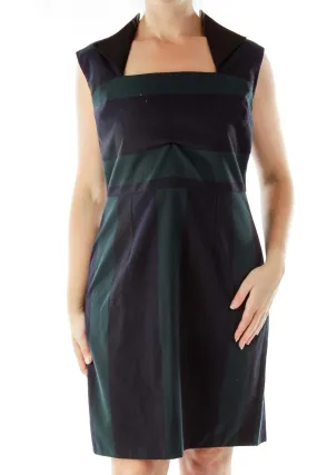 Black Green Square Neck Work Dress