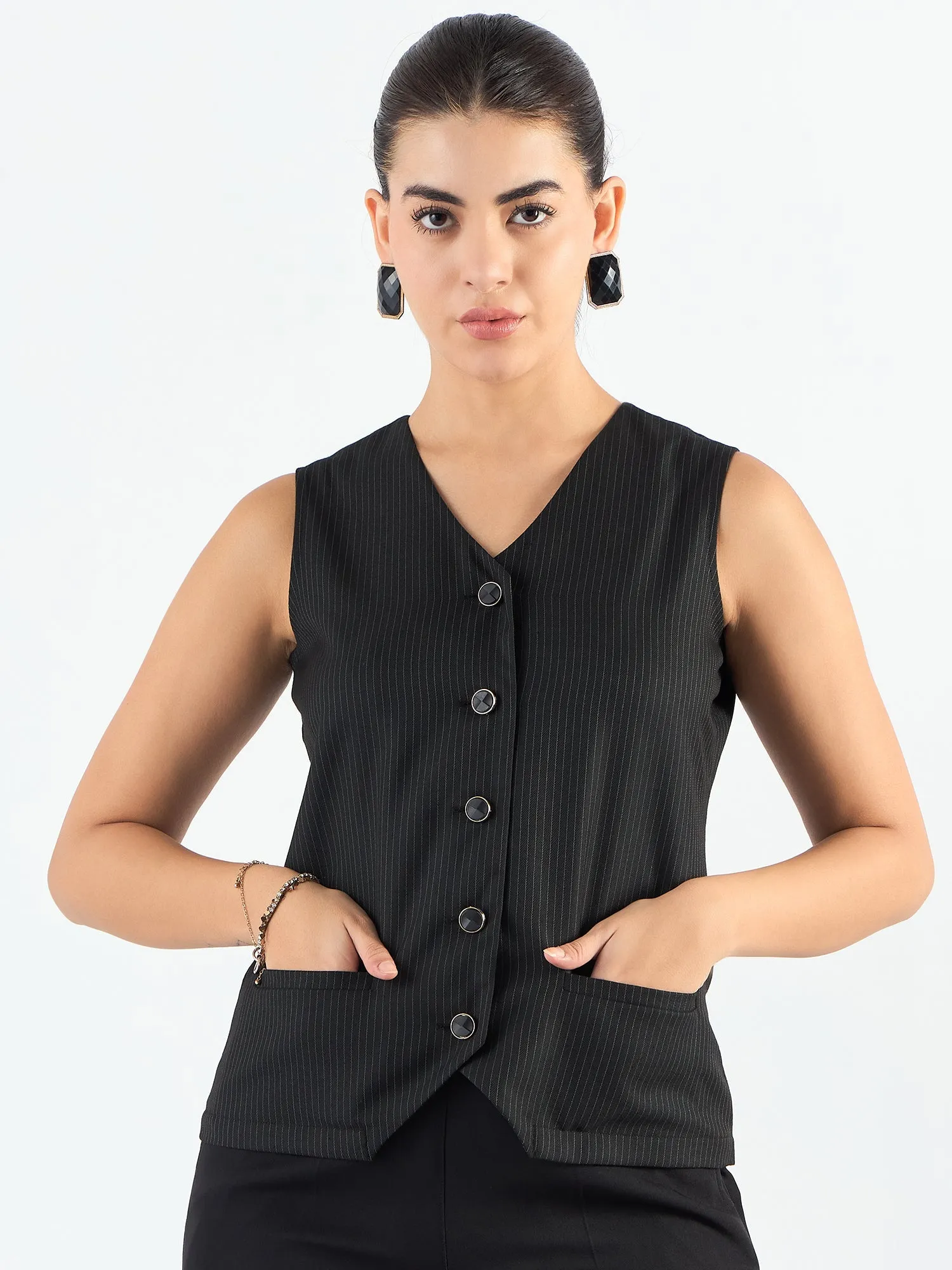 Black Polyester V-Neck Striped Sleeveless Vest Coat