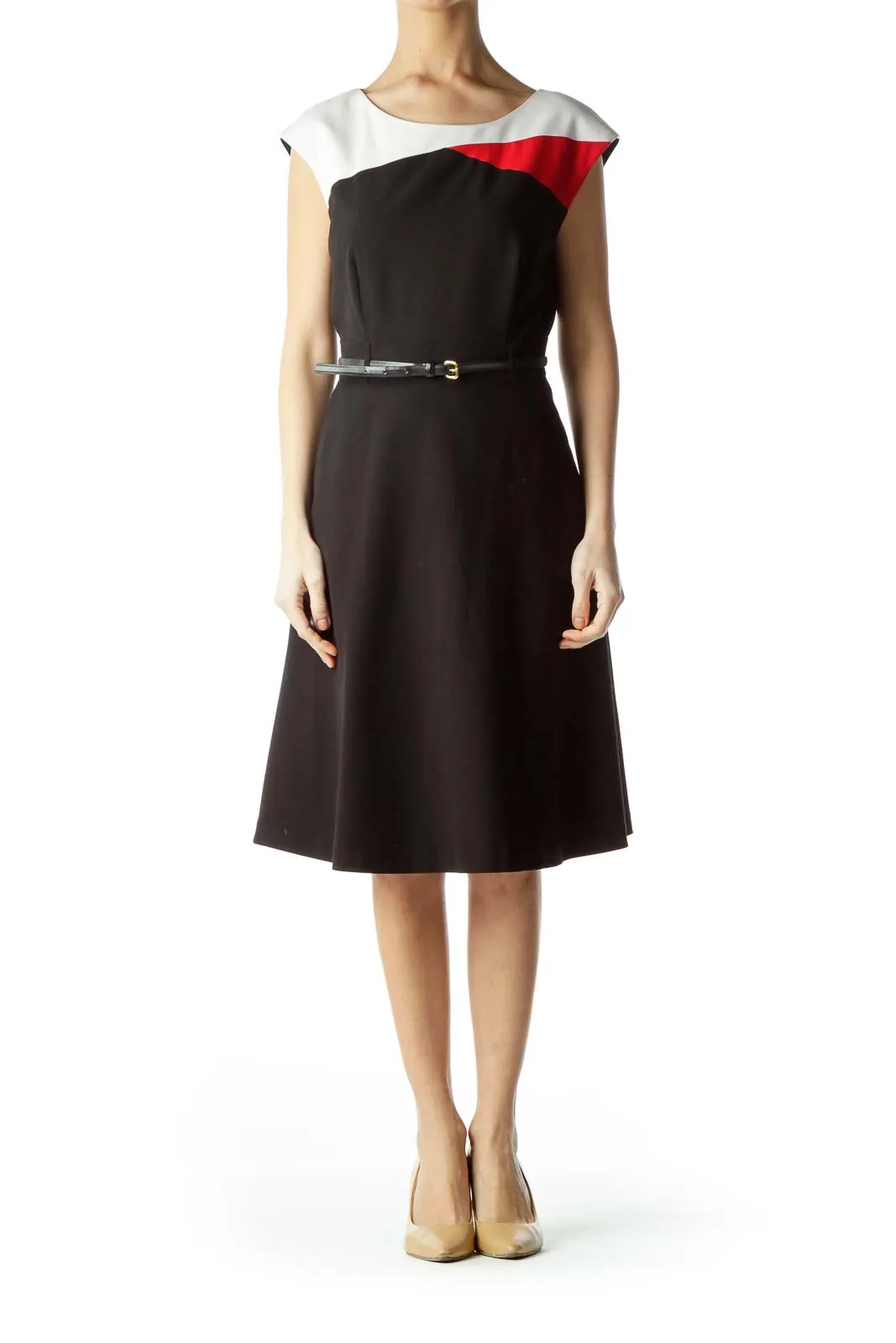 Black Red Color Block Belted Work Dress