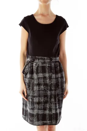 Black White Belted Checkered Work Dress