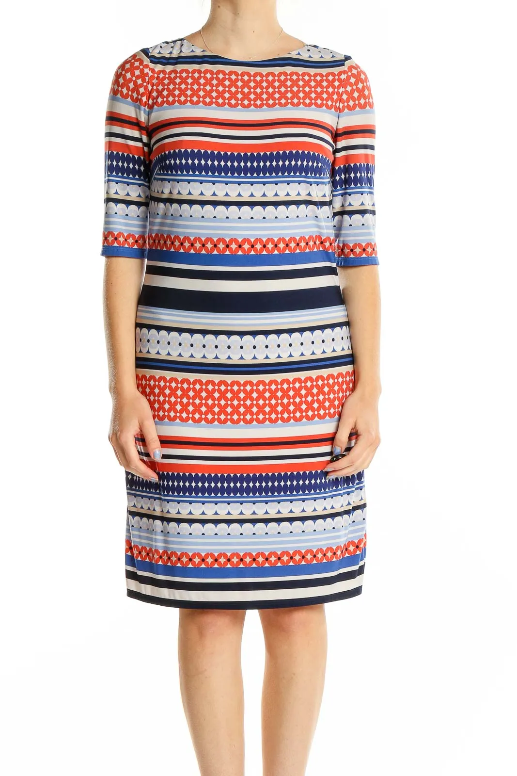 Blue and Orange Striped Geometric Print Dress