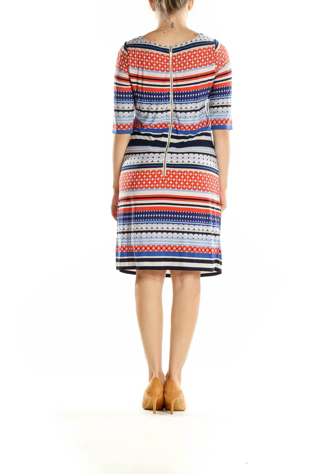 Blue and Orange Striped Geometric Print Dress