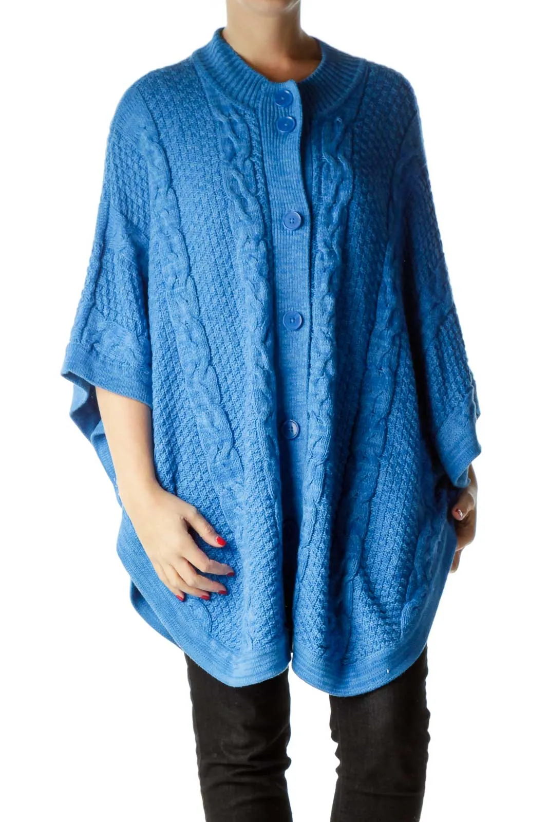 Blue Bat-Sleeve Cable Knit Sweater