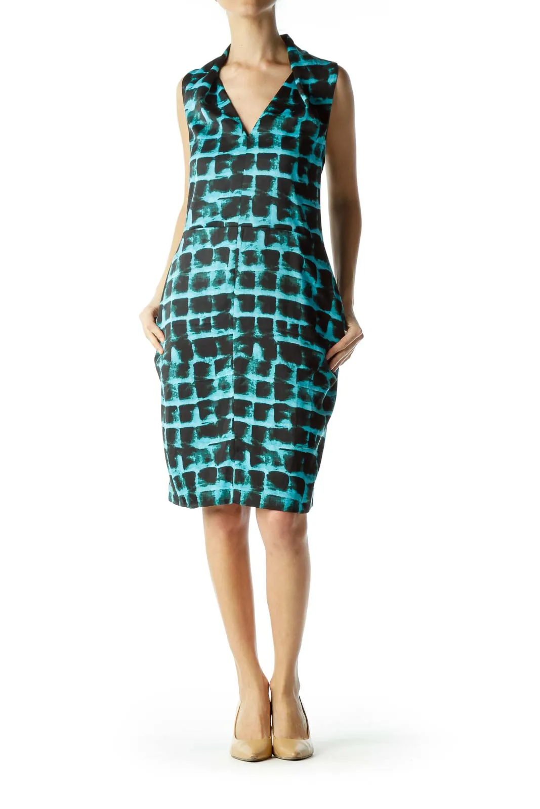 Blue Black Printed V-Neck Work Dress