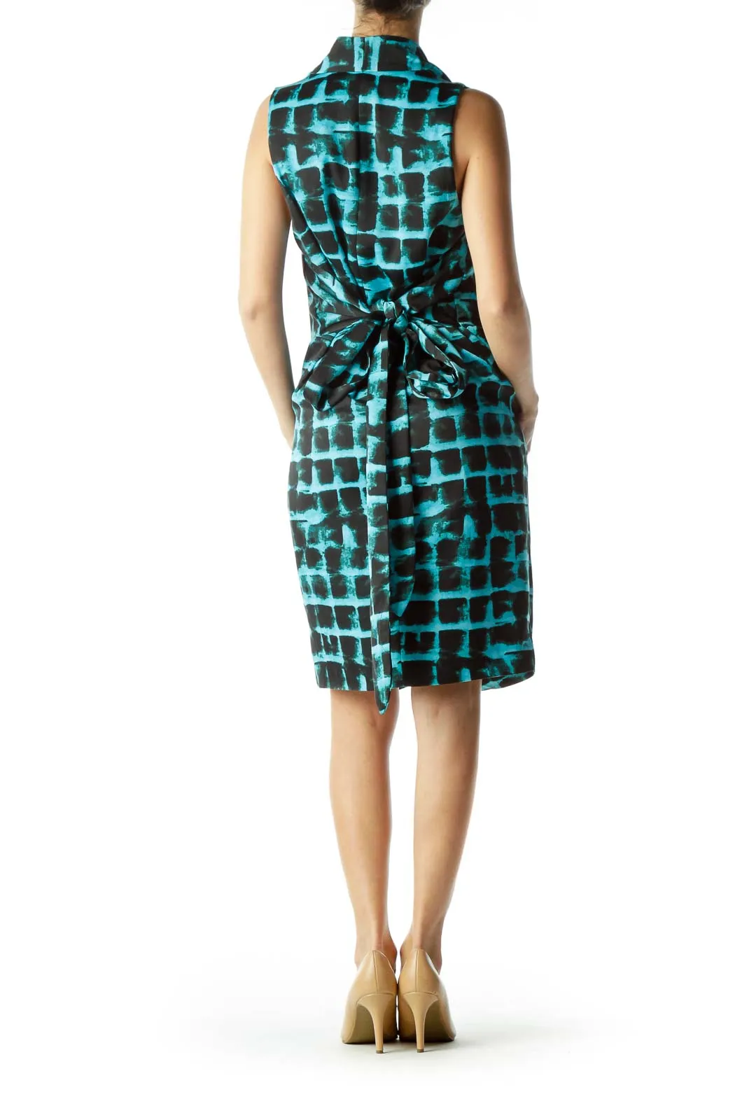 Blue Black Printed V-Neck Work Dress