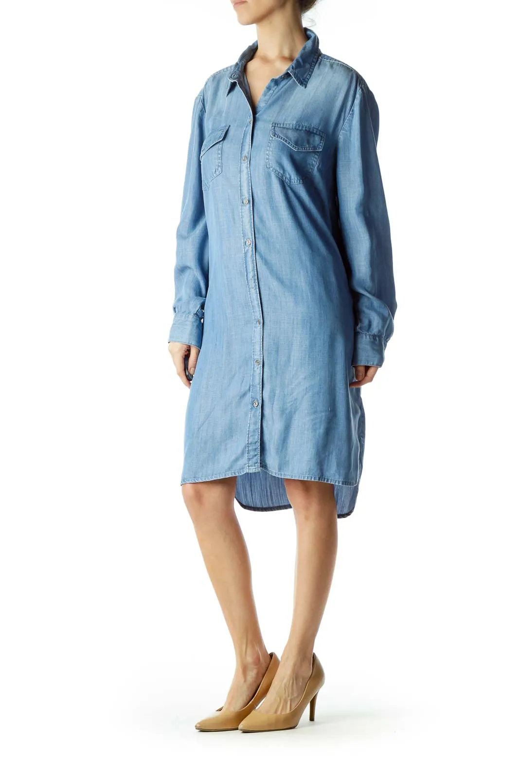 Blue Buttoned Long Sleeve Denim Dress