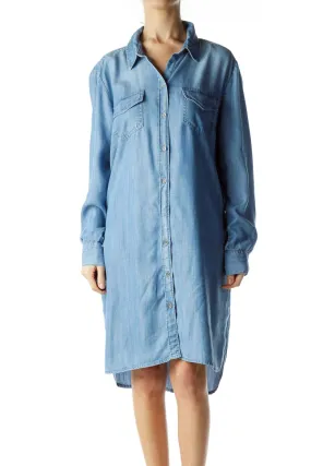 Blue Buttoned Long Sleeve Denim Dress