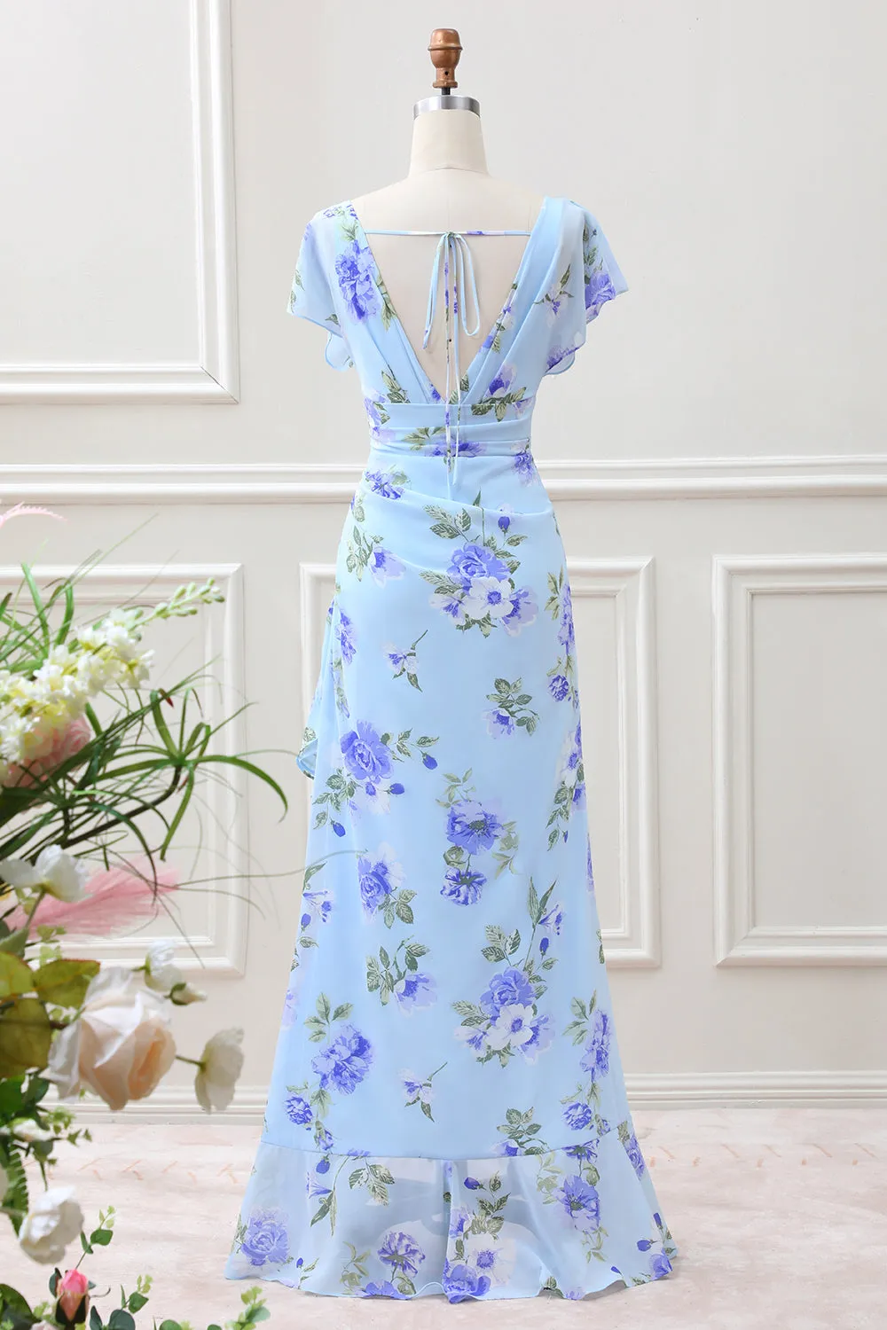 Blue Floral A Line Ruffles Asymmetrical Maxi Dress