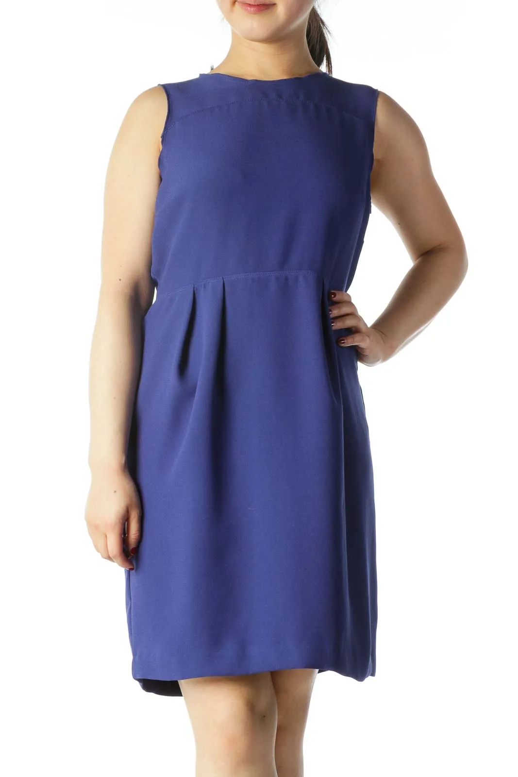 Blue Round Neck A-Line Work Dress